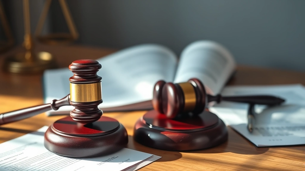 A gavel resting on a wooden desk with legal documents and a law book in soft natural lighting