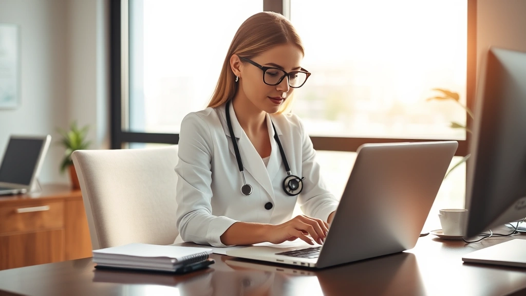 Professional woman working at desk with laptop and medical documentation, warm office lighting