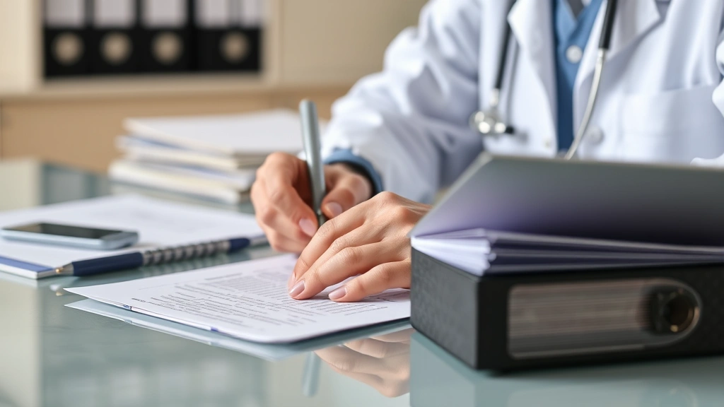 Healthcare provider writing medical letter at desk with patient file, clinical setting