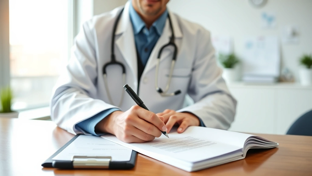 Doctor writing medical letter at desk with stethoscope and clipboard, professional healthcare office environment, warm lighti