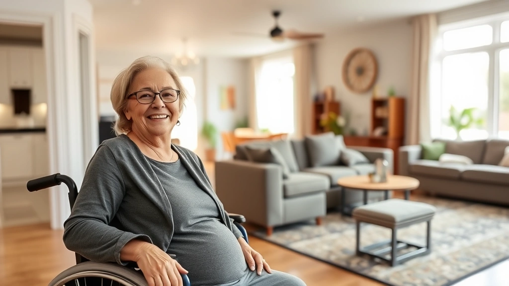 Diverse tenant smiling in accessible ground floor apartment with ramp entry and open floor plan, natural daylight from window