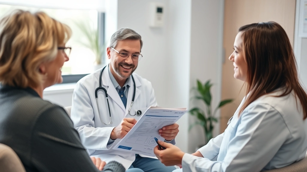 Healthcare provider and patient discussing medical documentation in clinical setting, empathetic conversation, comfortable co