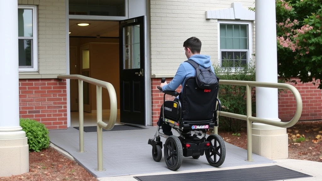 College student with mobility device accessing ground floor dormitory entrance with accessible ramp and handrails