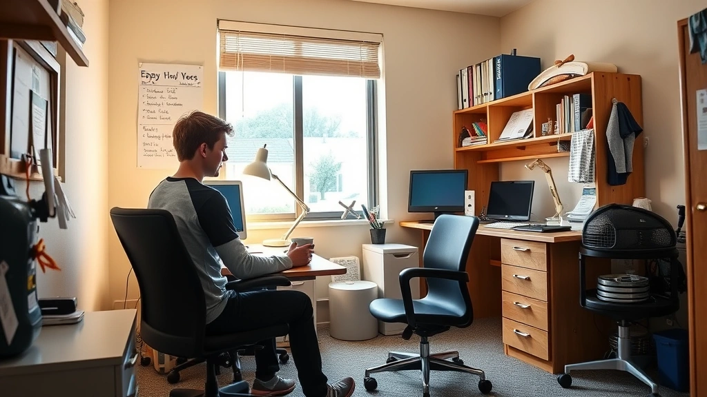 Student sitting at desk in accessible dorm room with ergonomic furniture and medical equipment nearby