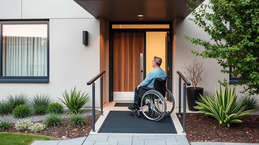 Person in wheelchair entering accessible apartment building with ramp entrance modern accessible design