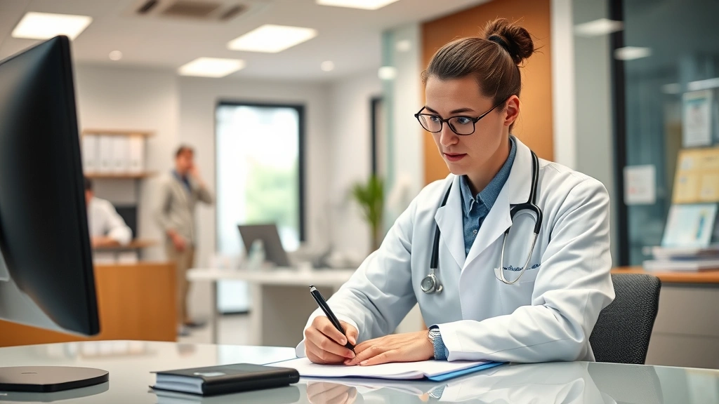 Diverse professional healthcare provider at desk writing medical documentation in modern clinic office setting