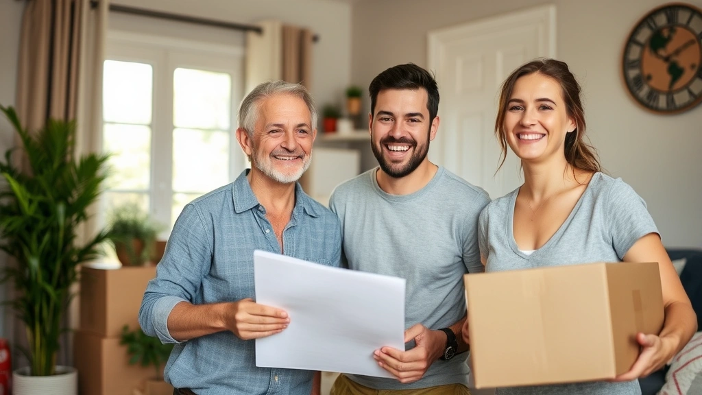 Happy tenant reviewing housing accommodation letter at home with moving boxes nearby bright natural lighting