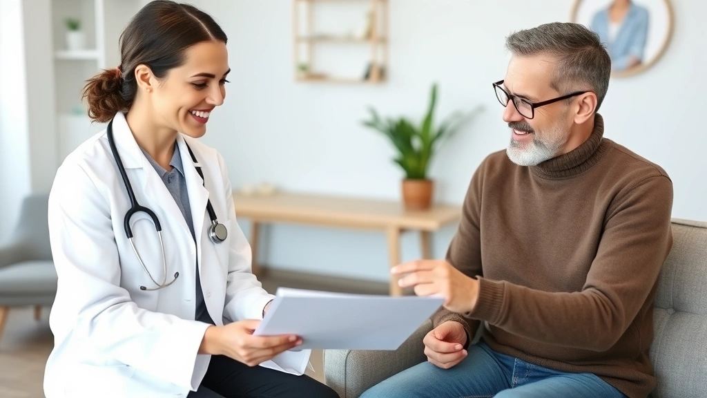Diverse healthcare provider in white coat reviewing documents with patient in comfortable clinic office setting, both smiling