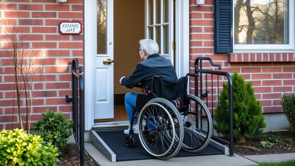 Middle-aged person in wheelchair accessing ground floor apartment entrance with accessible ramp, natural daylight, welcoming