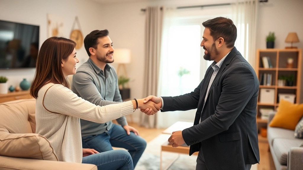 Tenant and landlord shaking hands in living room during friendly housing discussion, warm neutral tones, professional atmosph