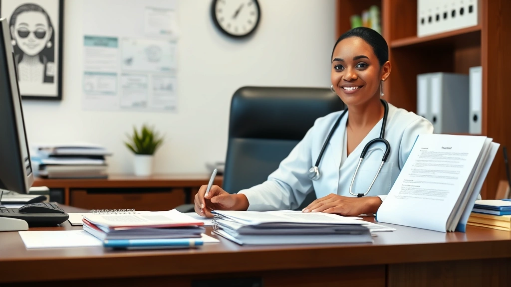 healthcare provider at desk with medical records and documentation papers, professional office setting