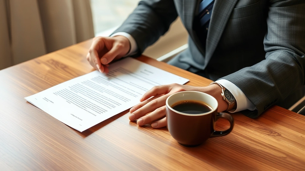 person reviewing official letter and documents at table with coffee cup, careful examination