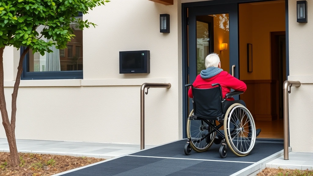 Person in wheelchair entering accessible ground floor apartment with ramp entrance in modern building