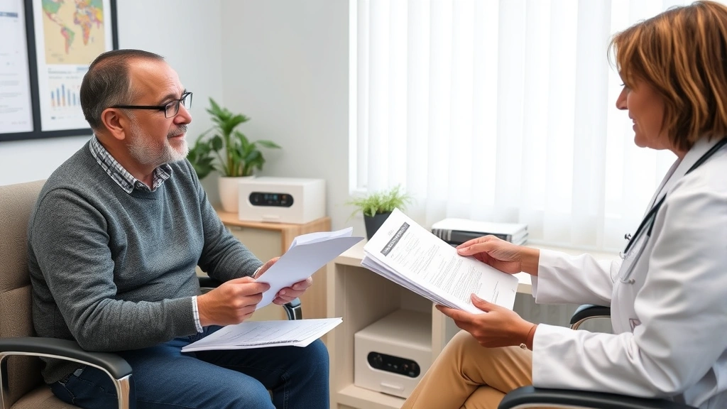 Doctor and patient in clinical office reviewing medical documents and discussing housing accommodation needs