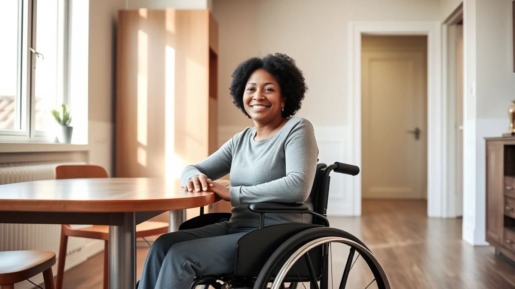 Diverse woman in wheelchair sitting at dining table in modern accessible apartment with grab bars and wide doorways, natural