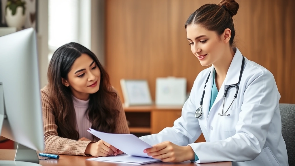 Professional female healthcare provider in white coat at desk reviewing documents with patient, warm office environment, focu