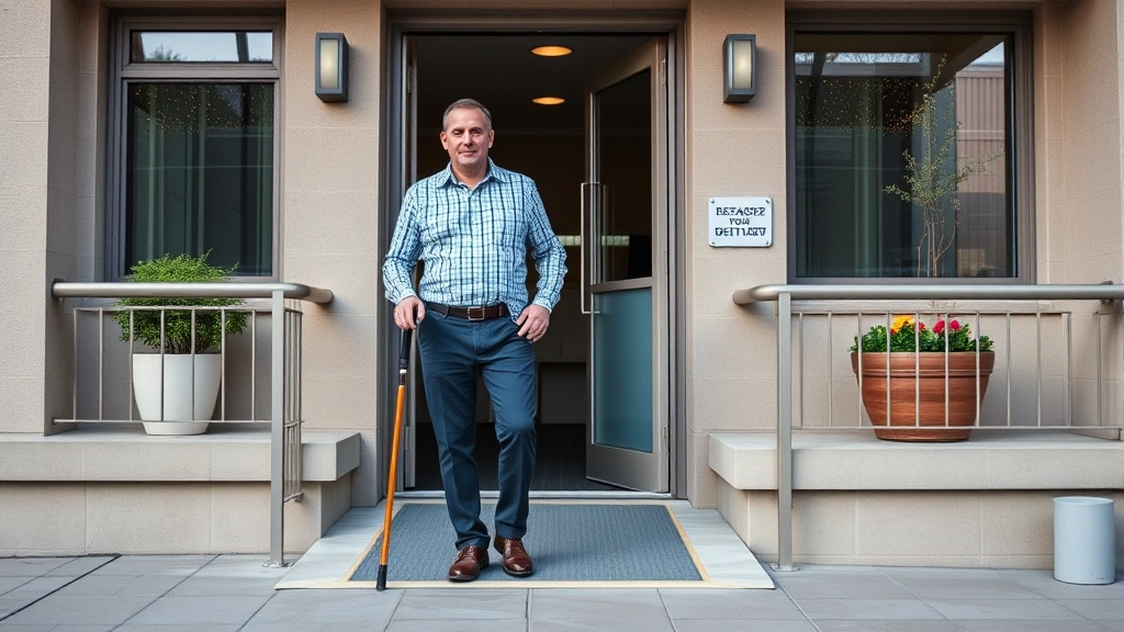 Man with cane standing at apartment entrance with accessible ramp, modern building exterior, confident posture, daytime