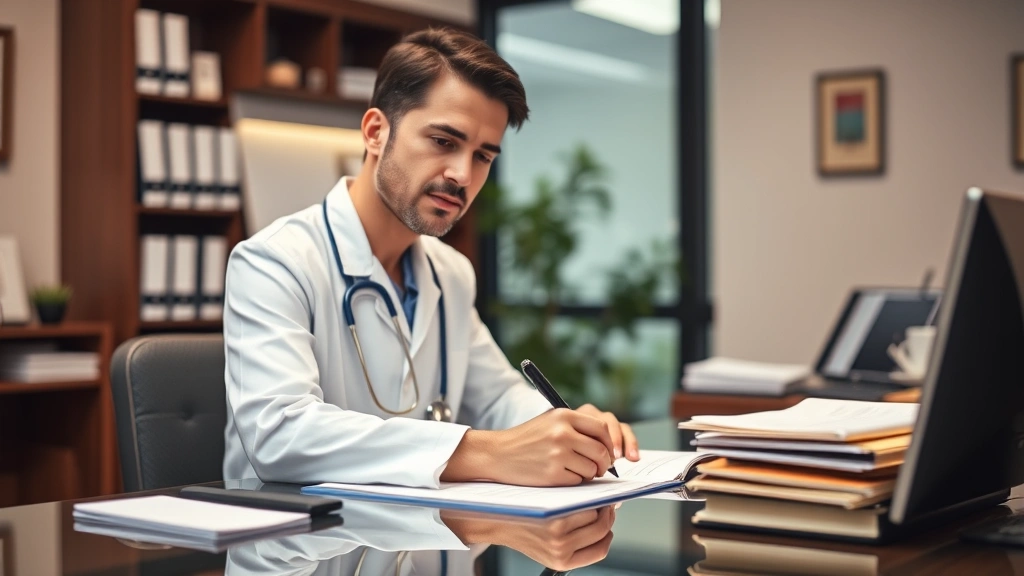 Healthcare provider in white coat writing medical documentation at desk with patient file, warm office lighting professional