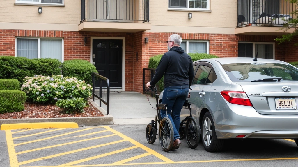 Person with mobility aid using accessible parking space near apartment building entrance with accessible ramp