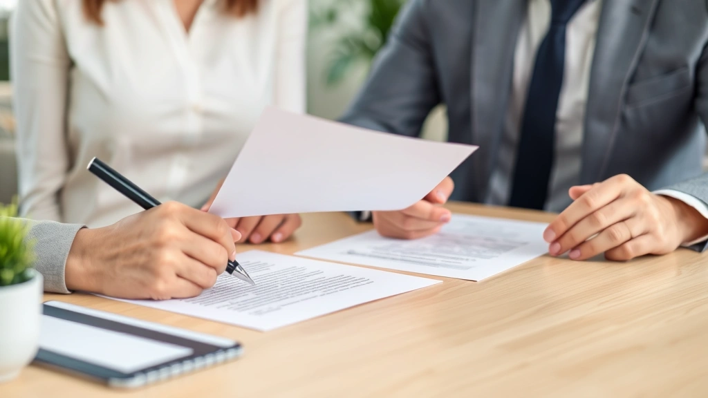 Diverse tenant and landlord reviewing official letter document together at table with positive professional interaction