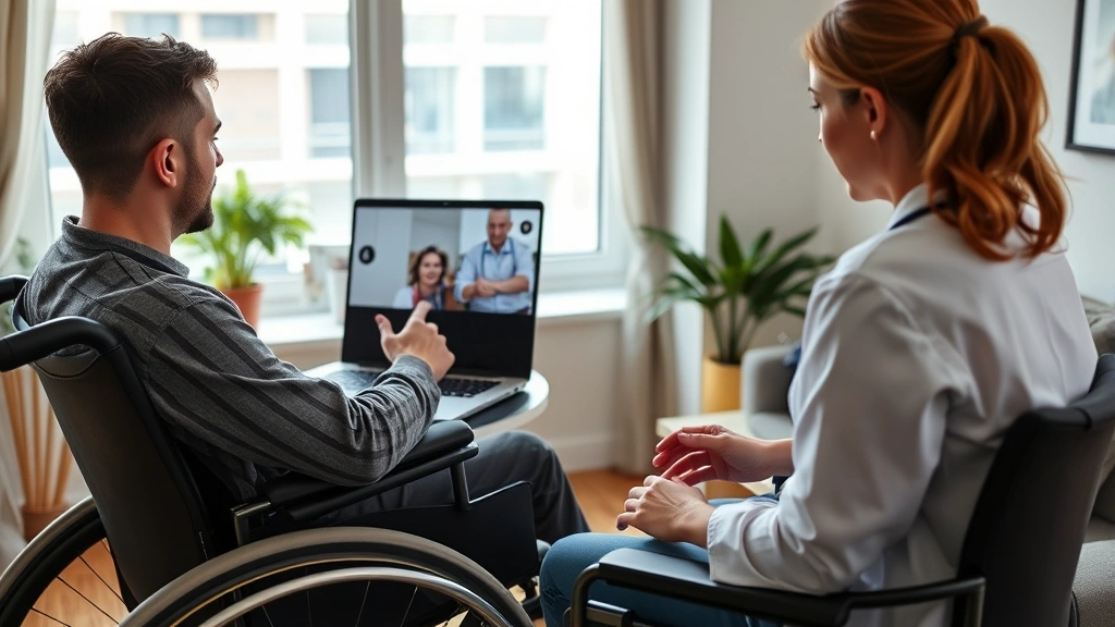 Person in wheelchair video calling healthcare provider on laptop at home desk, modern apartment visible through window behind