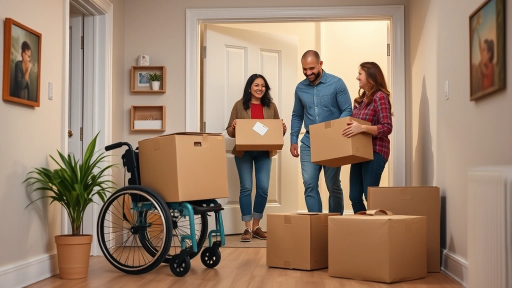 Diverse family moving into accessible ground floor apartment with wide doorways and wheelchair ramp, smiling and unpacking bo