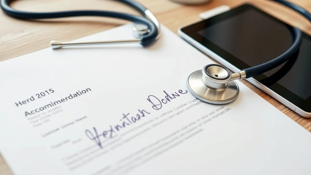 Close-up of signed medical accommodation letter on healthcare provider letterhead with stethoscope and tablet nearby on desk