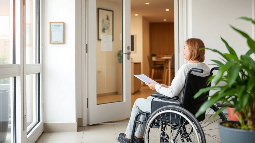 Person in wheelchair reviewing documents at apartment entrance with accessibility features visible, natural daylight, profess