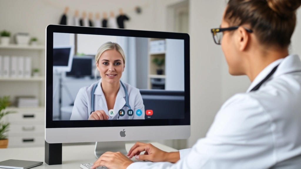Diverse healthcare provider in white coat conducting telehealth consultation on computer with patient visible on screen, medi