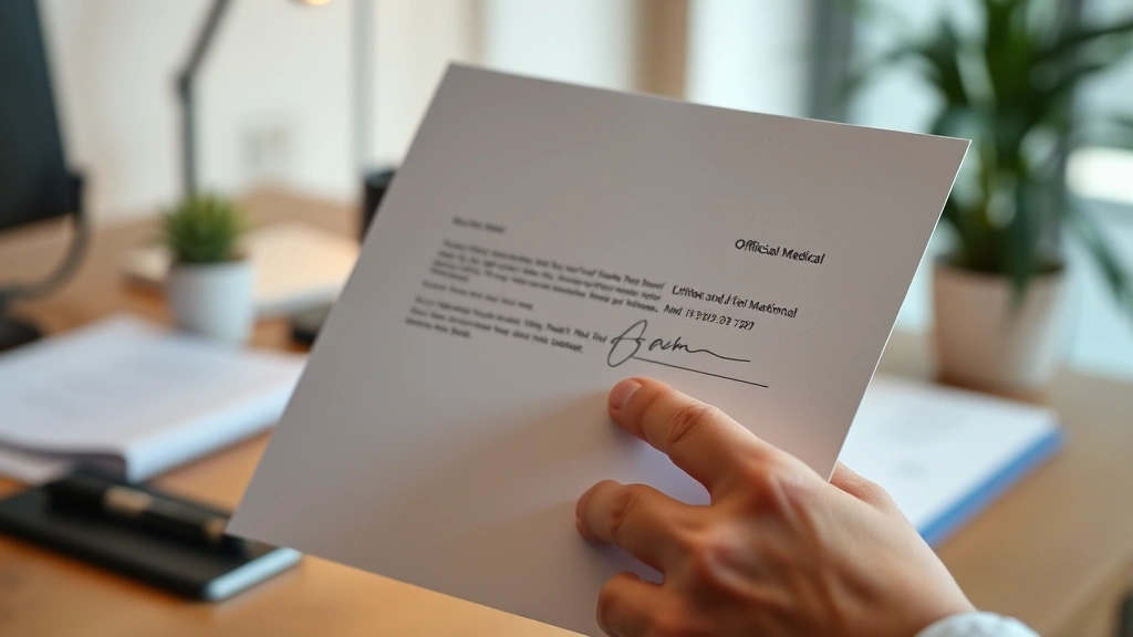 Close-up of hands holding official medical letterhead document with signature, professional desk environment, warm lighting