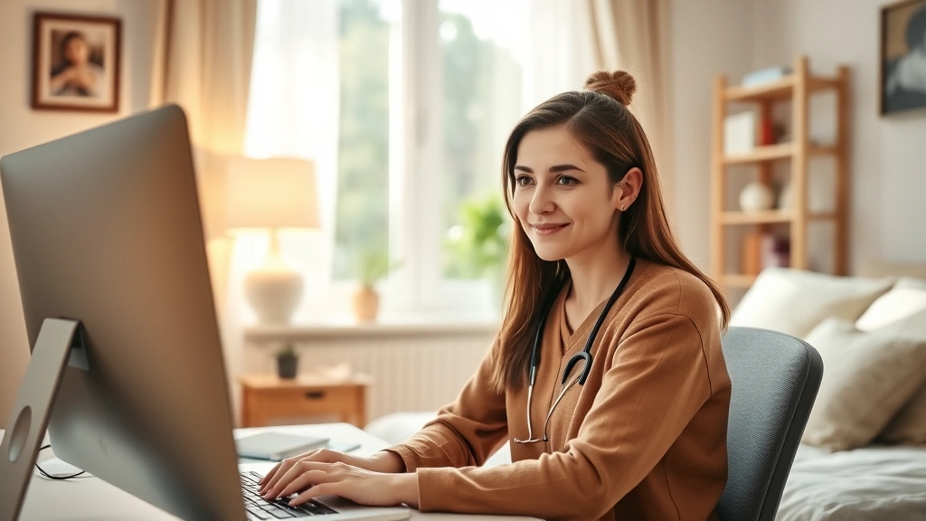 Woman sitting at home computer during video call with doctor, warm natural lighting, calm bedroom environment, relaxed expres