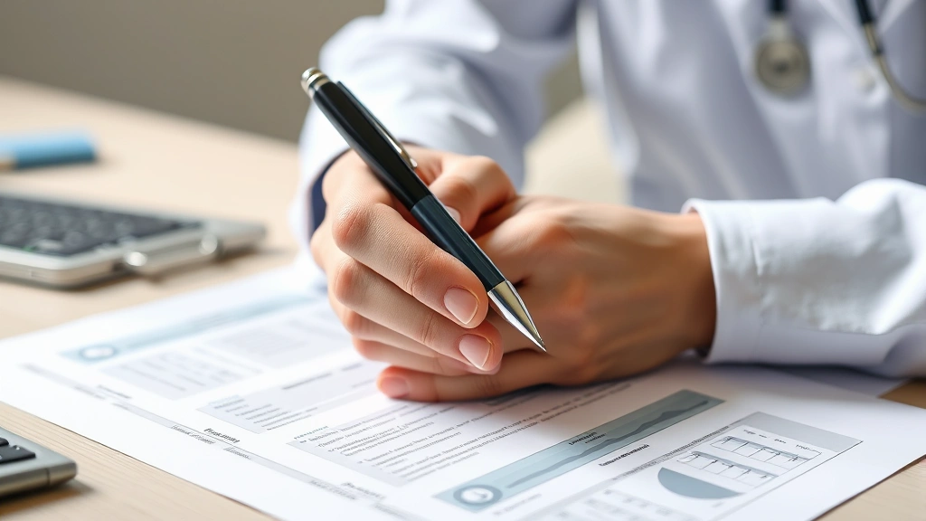 Close-up of hands holding medical documents and pen at desk, professional healthcare paperwork, neutral background, natural d