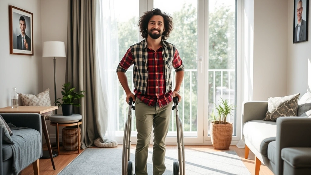 Diverse person standing in accessible apartment near large window, accessible features visible, natural sunlight, confident p