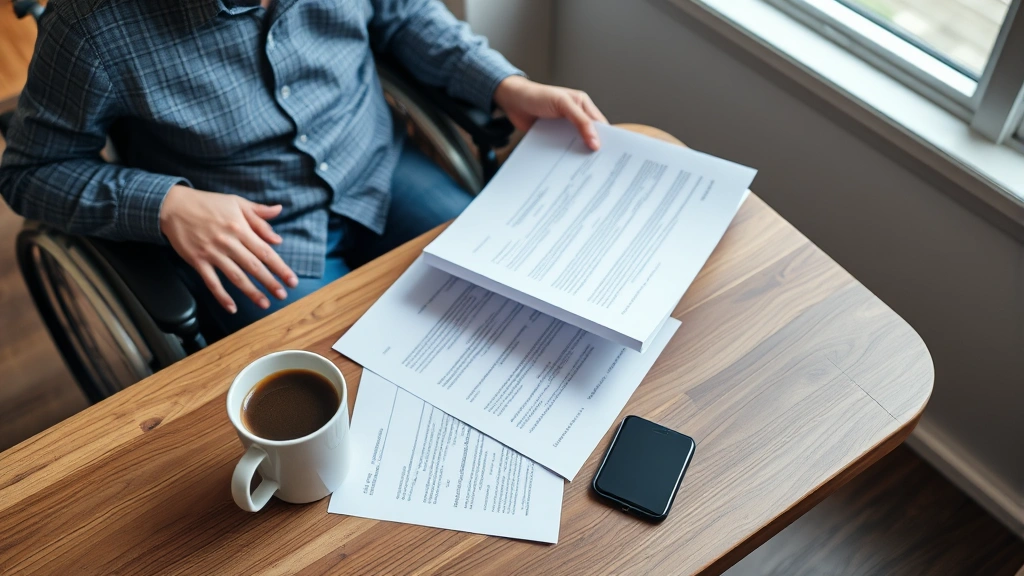 Person in wheelchair reviewing lease documents at wooden table with laptop and coffee