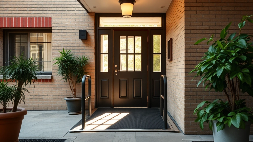 Accessible apartment entryway with ramp and wide doorway with natural morning light