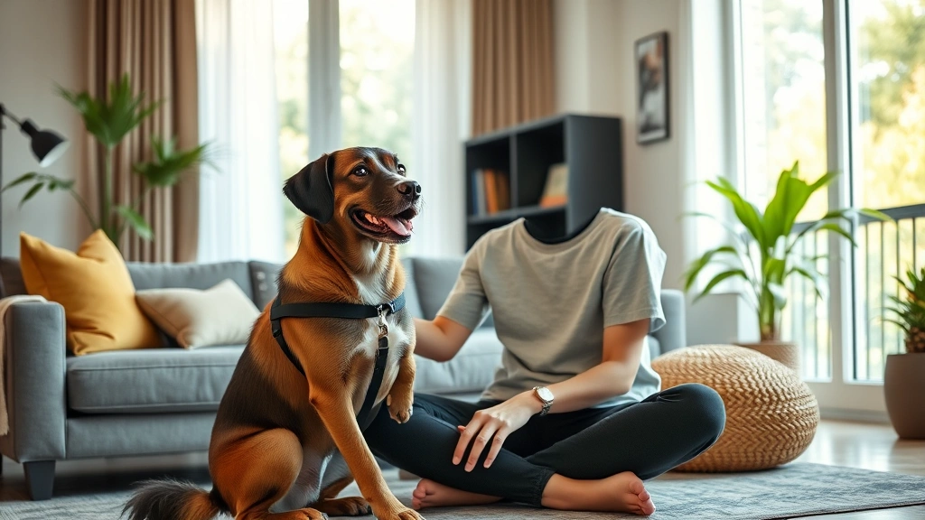 woman with guide dog sitting in modern apartment living room natural light peaceful