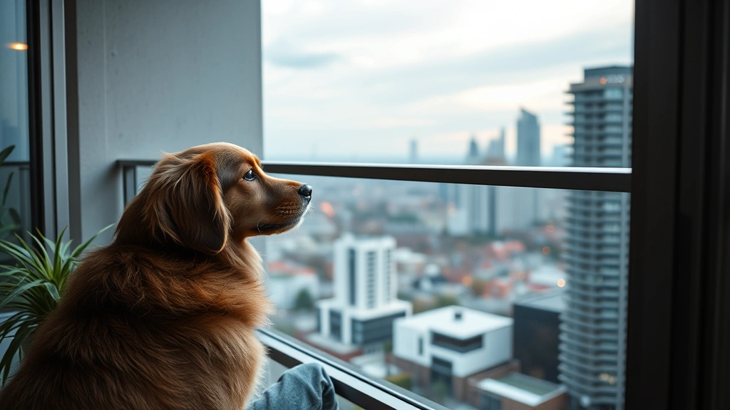 person with emotional support dog on apartment balcony overlooking city calm serene