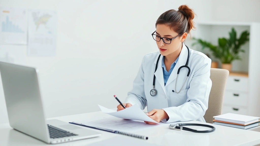 Healthcare provider in white coat reviewing patient medical records at desk with stethoscope