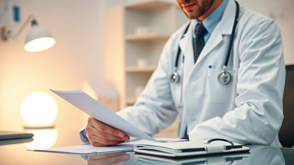 Doctor reviewing medical records at desk with stethoscope and prescription pad visible, professional healthcare setting with