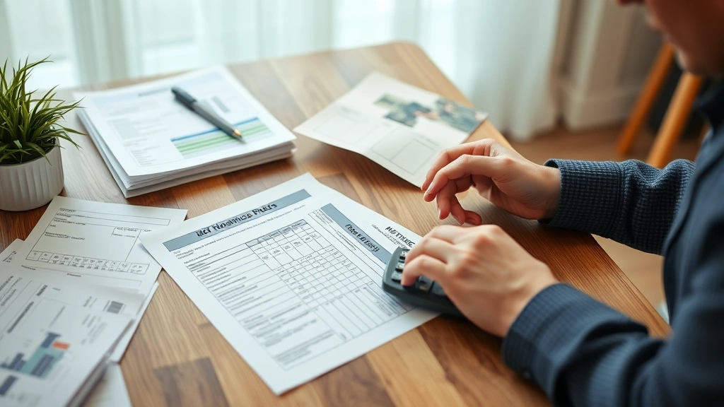 Person reviewing medical bills and financial documents at home table with calculator and paperwork organized neatly