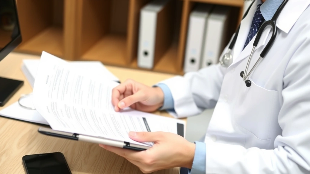 Doctor in white coat reviewing medical documents at desk with stethoscope and clipboard, professional healthcare setting