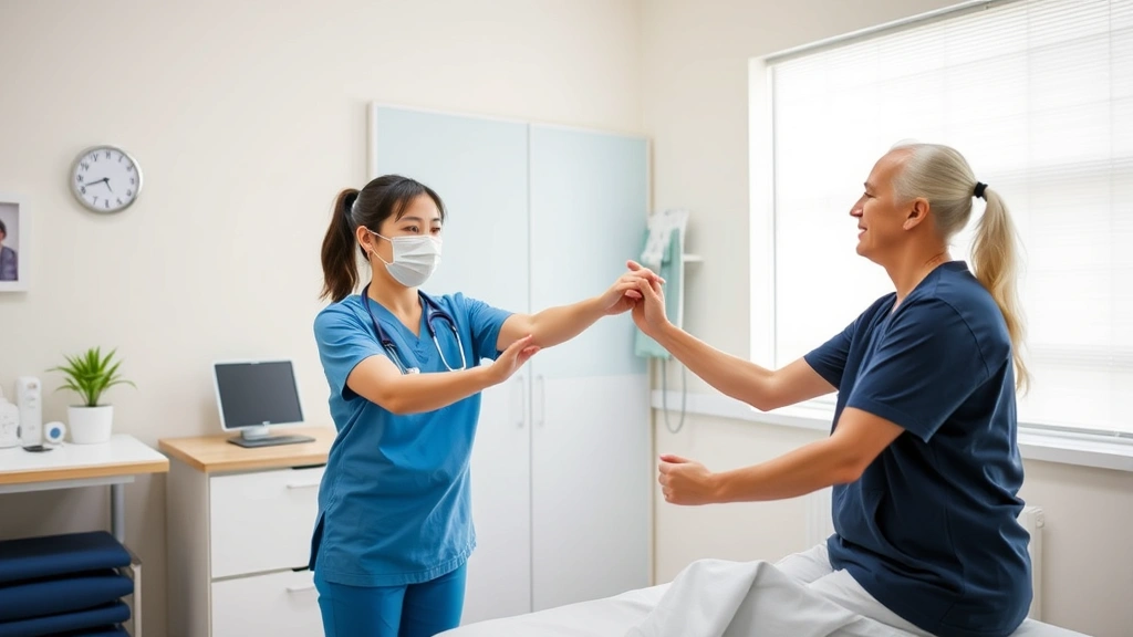Healthcare professional conducting strength and mobility assessment on patient in bright clinical examination room
