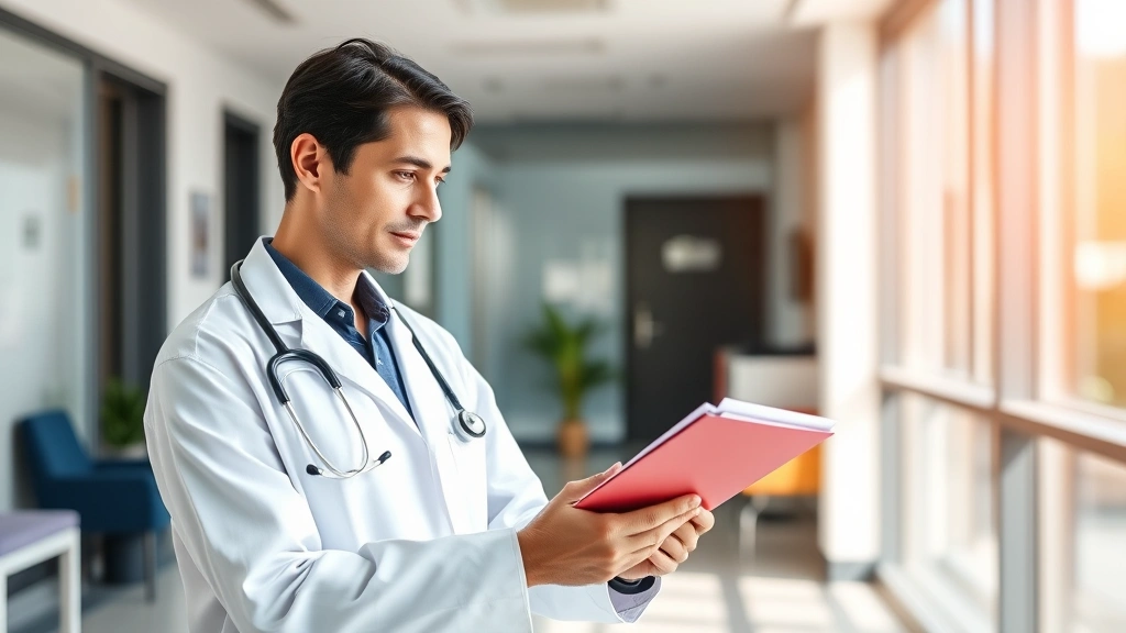 Healthcare provider in white coat reviewing medical documents in modern clinic office setting with natural lighting