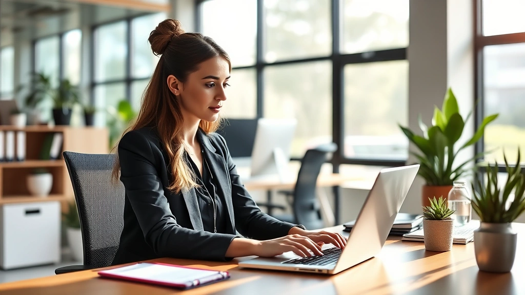 Professional woman at desk working on laptop during mid-morning hours in bright office environment