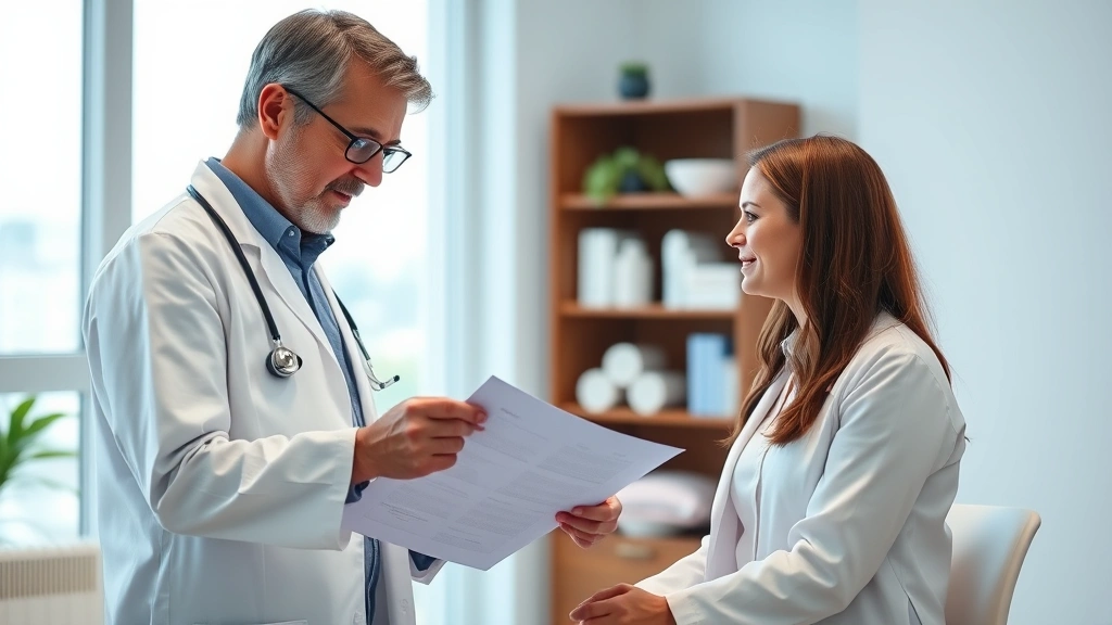 Doctor in white coat reviewing medical chart with patient in bright clinical office, empathetic consultation