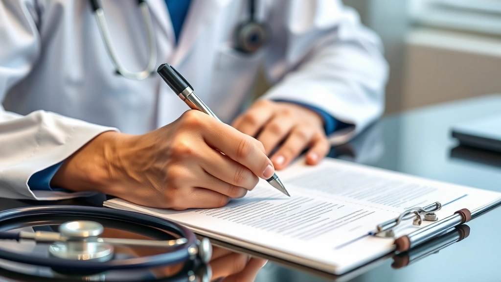 Healthcare provider writing detailed notes at desk with stethoscope nearby, professional medical documentation