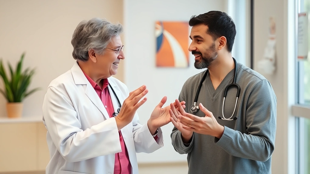 Patient and doctor discussing functional capacity with hand gestures in welcoming medical environment