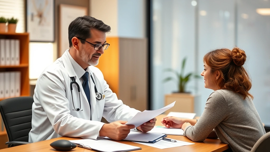 A doctor in a white coat sitting at a desk reviewing medical documents with a patient, warm natural lighting, professional of