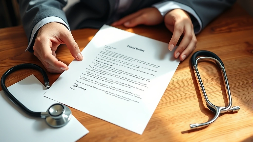 Close-up of hands holding a formal medical letter on official letterhead with a stethoscope nearby, wooden desk, natural wind
