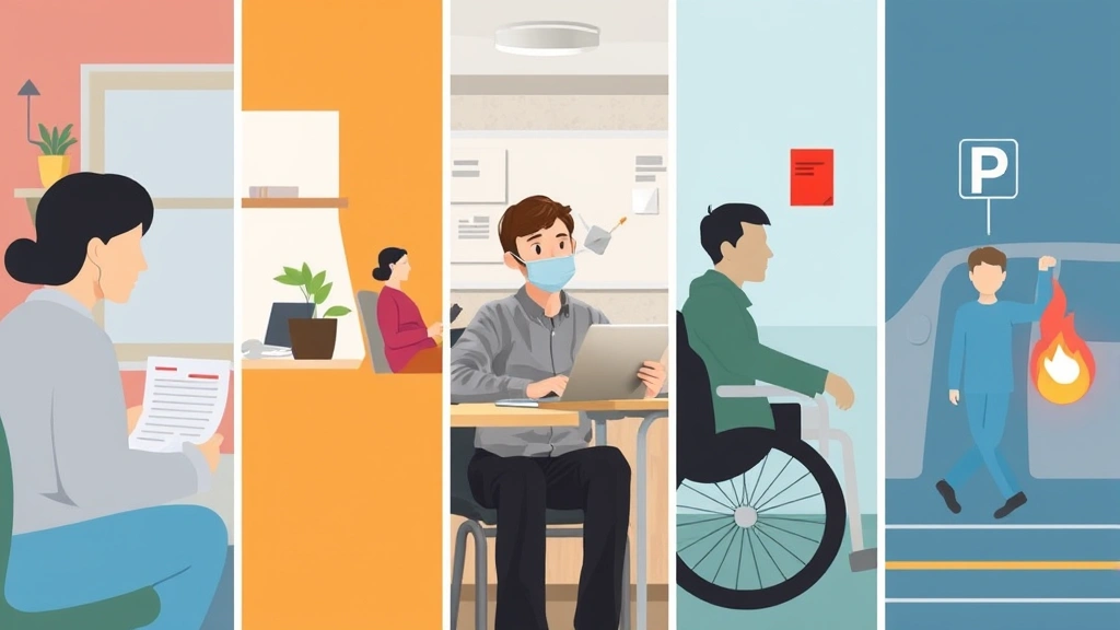A diverse group of people in different settings showing accommodations: person working at home, student in classroom with ext